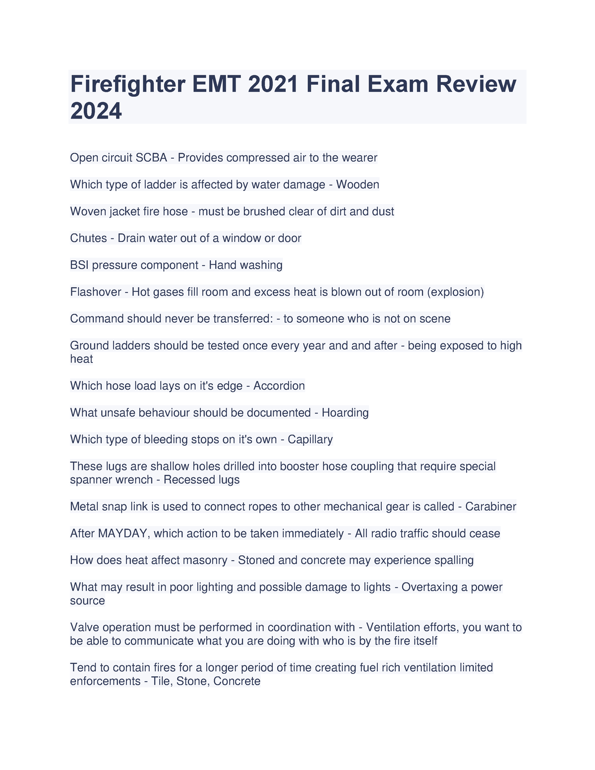 Firefighter EMT 2021 Final Exam Review 2024 Firefighter EMT 2021