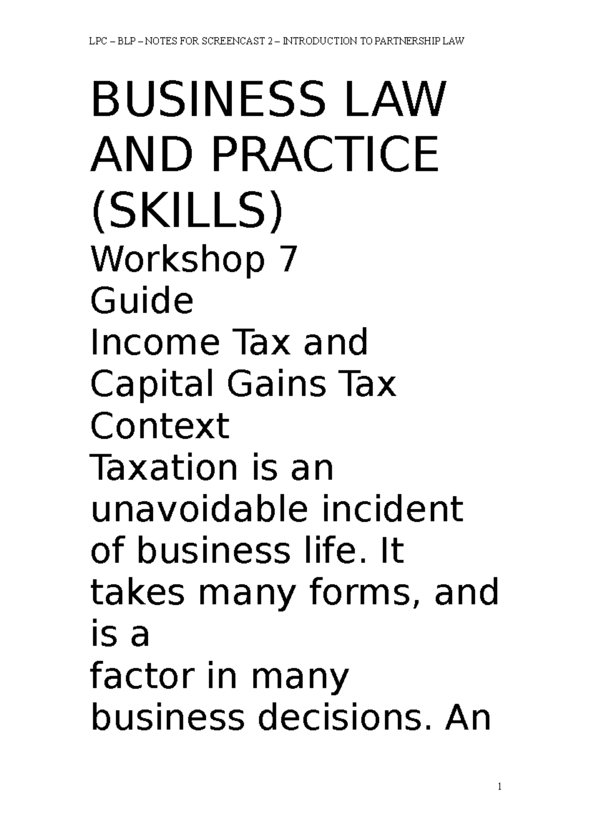 02 - Lecture notes 2 - BUSINESS LAW AND PRACTICE (SKILLS) Workshop 7 ...
