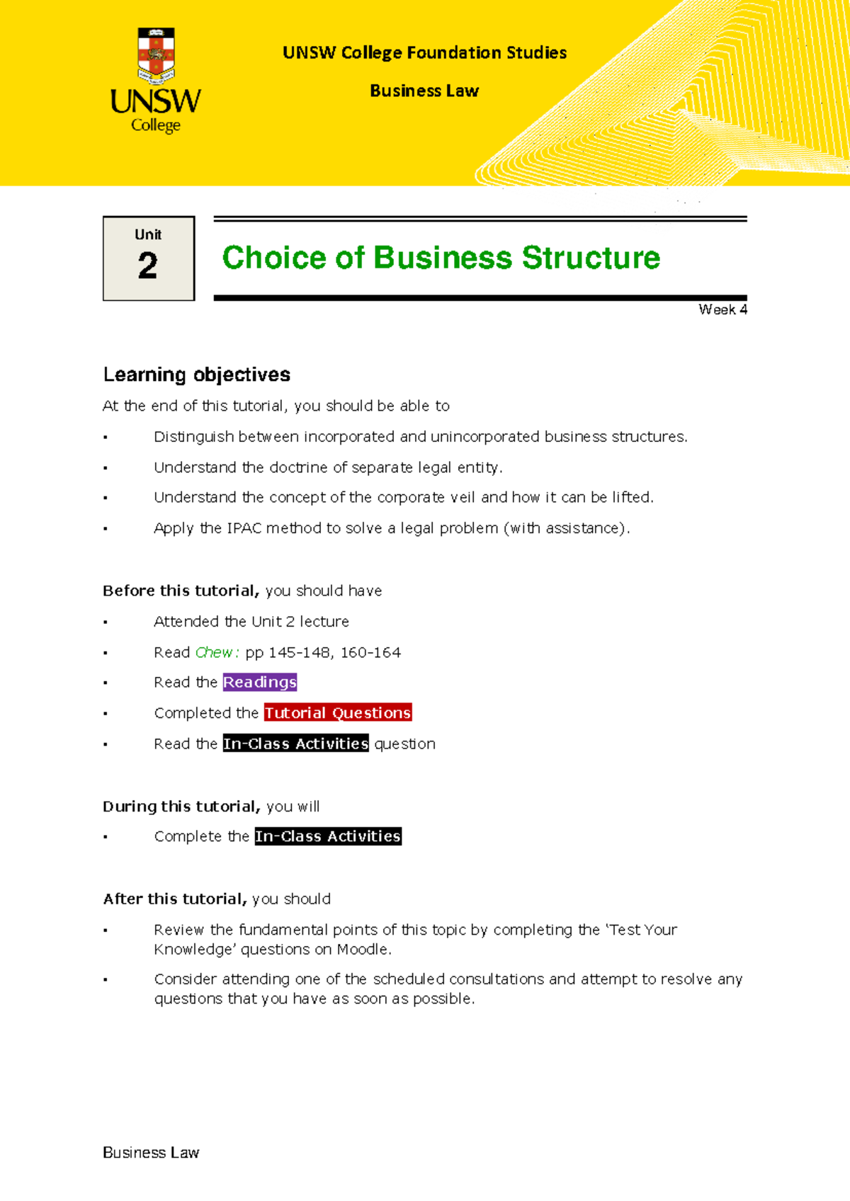 UNSW College Unit 2 Business Law Learning Guide Writable - UNSW College ...