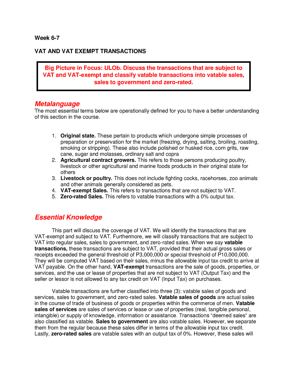 Lesson 3 VAT and VAT Exempt Transactions Week 6 VAT AND VAT EXEMPT