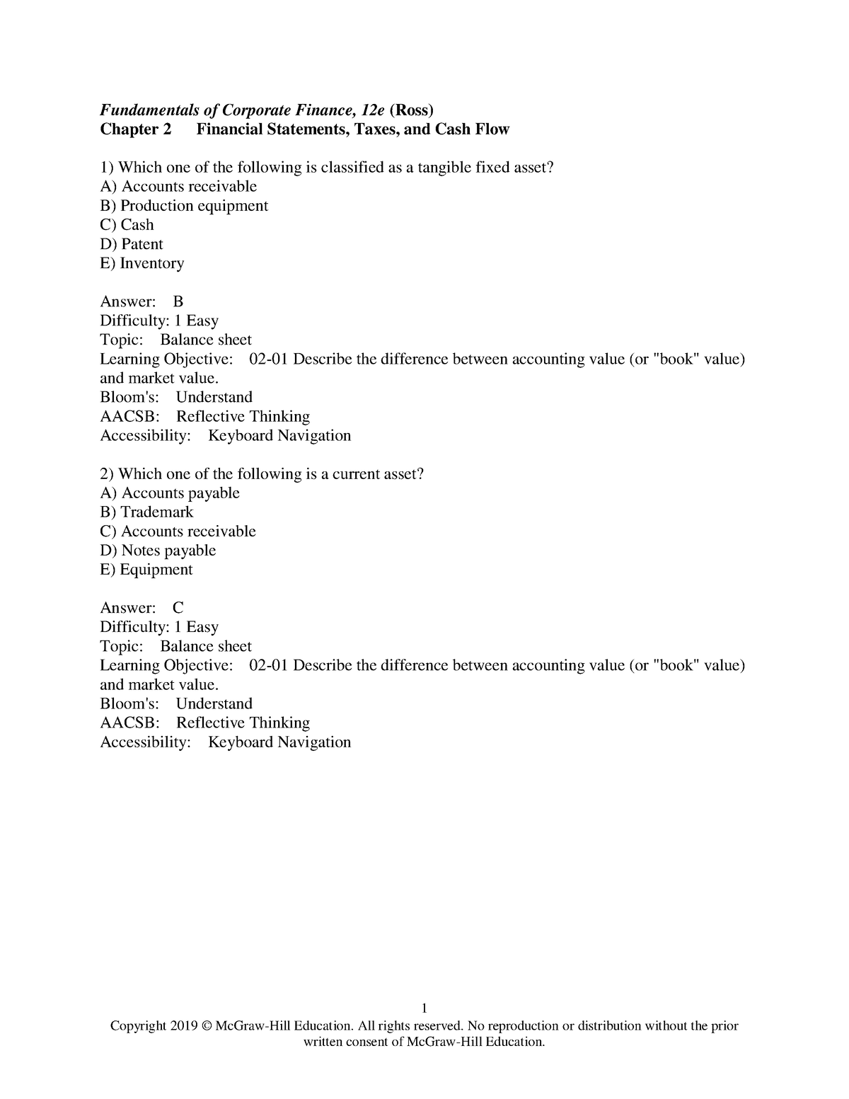 Ross12e Chapter 02 TB Answer Key - 1 Copyright 2019 © McGraw-Hill ...