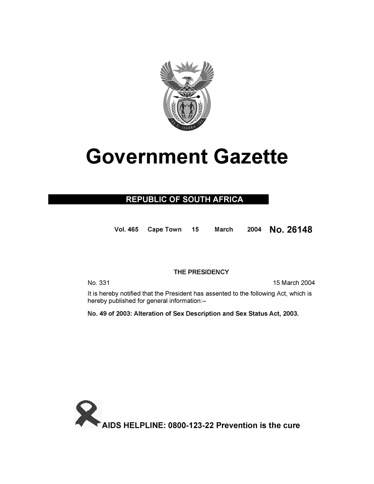 The Alteration Of Sex Description And Sex Status Act 49 Of 2003 Government Gazette 1537