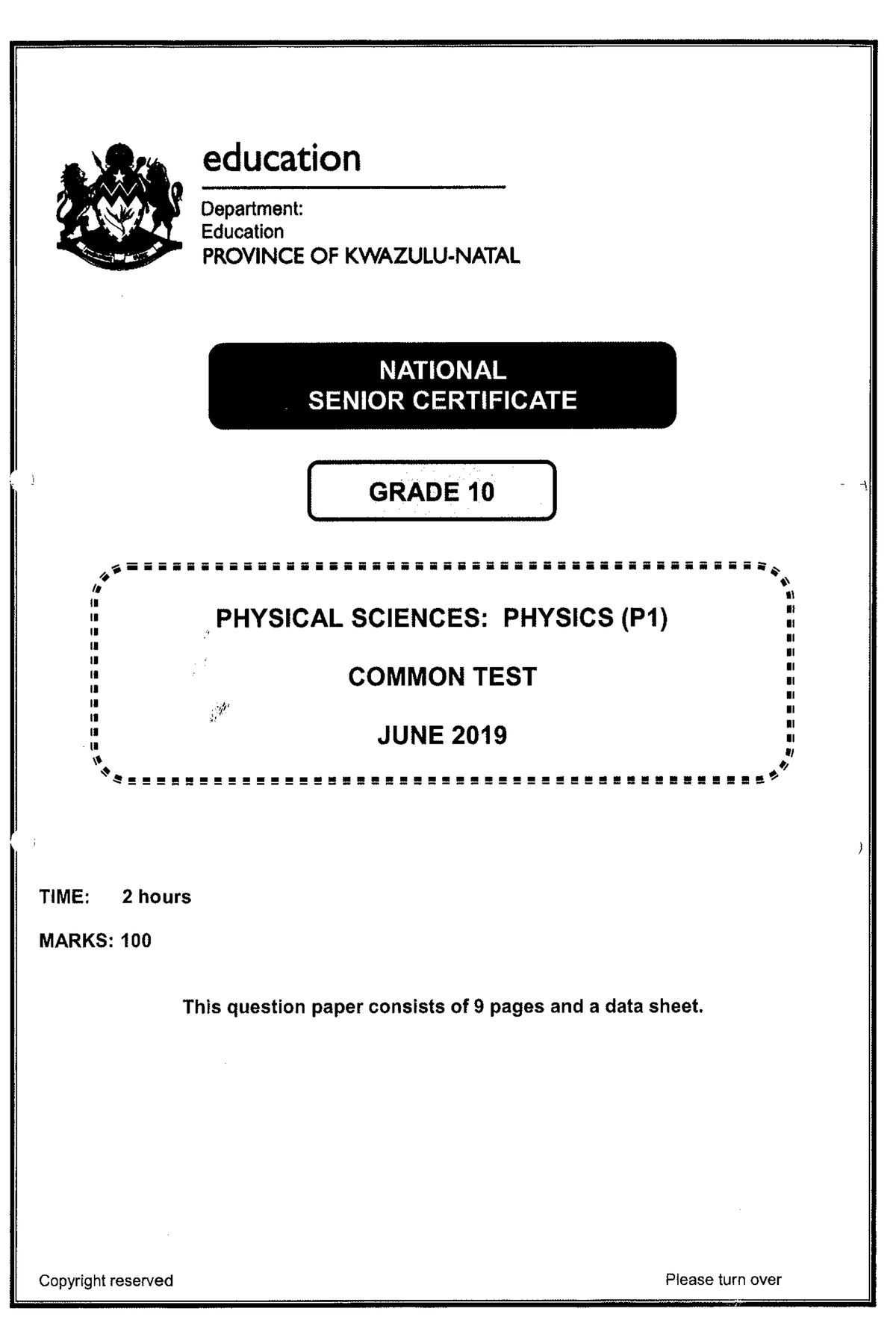 G10 Psc P1 Jun 2019 And Memo 1 - PHYSICAL SCIENCES P1 (PHYSICS) COMMON ...