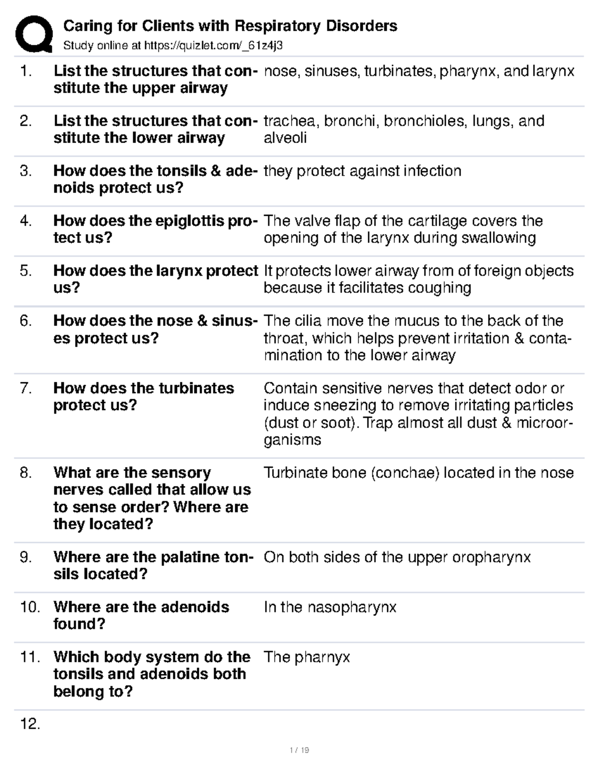 Caring for Clients with Respiratory Disorders 1 5 Study online at