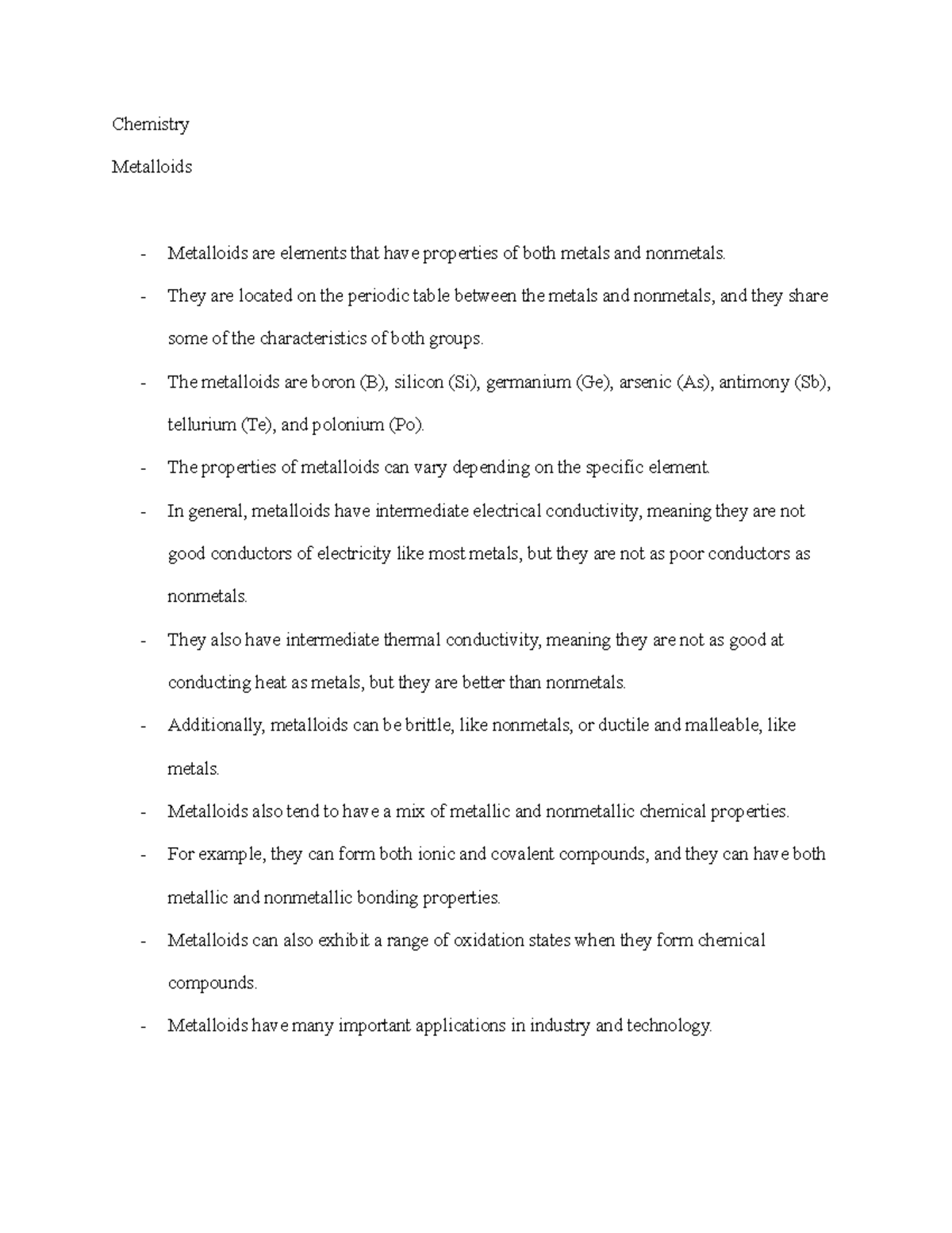 Chemistry-Metalloids - Chemistry Metalloids Metalloids are elements