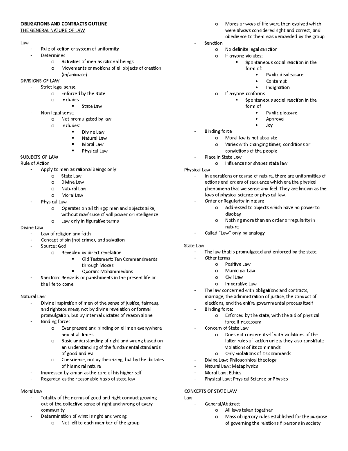 Lecture notes on De Leon - OBLIGATIONS AND CONTRACTS OUTLINE THE ...