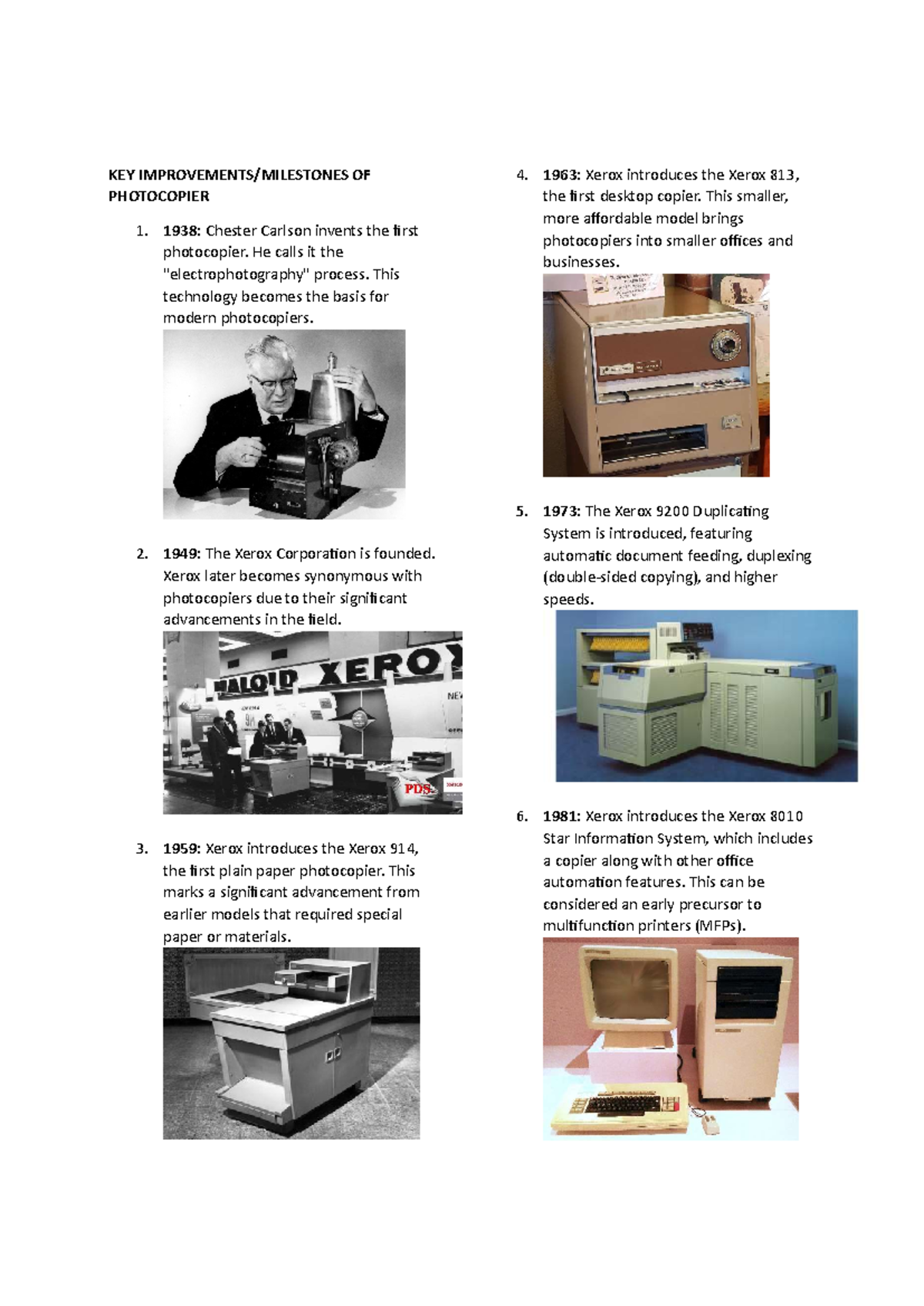 Photocopier - KEY IMPROVEMENTS/MILESTONES OF PHOTOCOPIER 1938: Chester ...