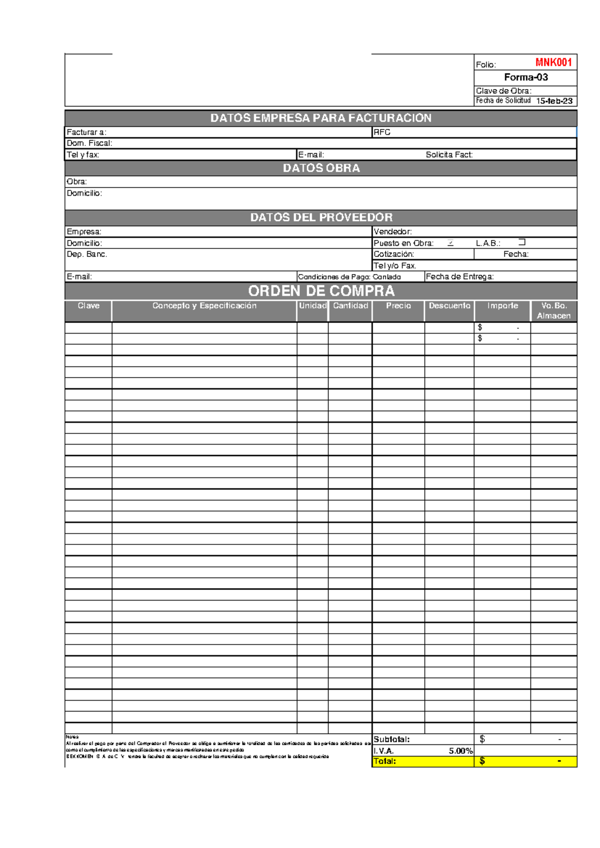 Formato orden de compra - Folio: MNK Clave de Obra: Fecha de Solicitud ...