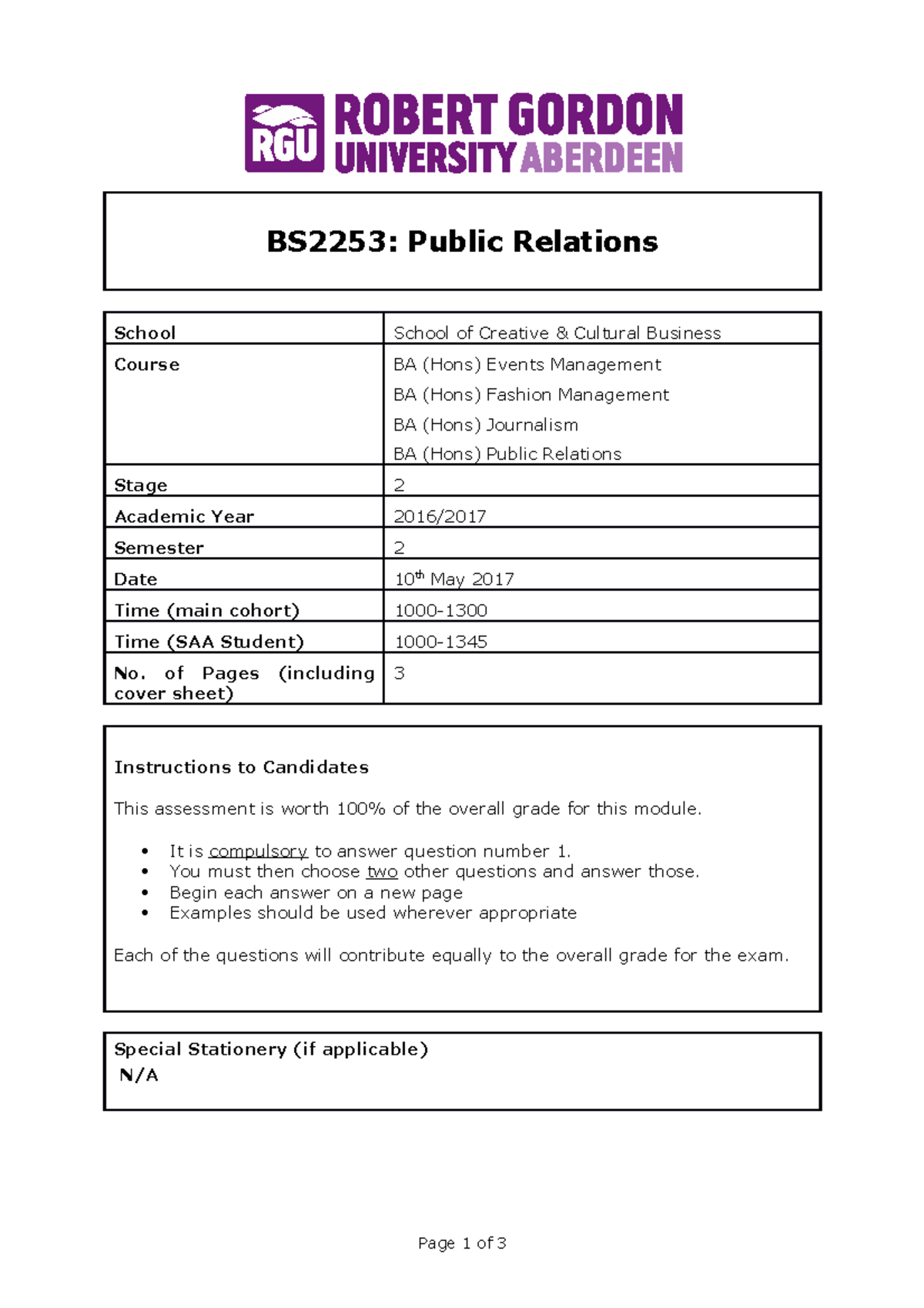 Public Relations EXAM - BS2253: Public Relations School School of ...