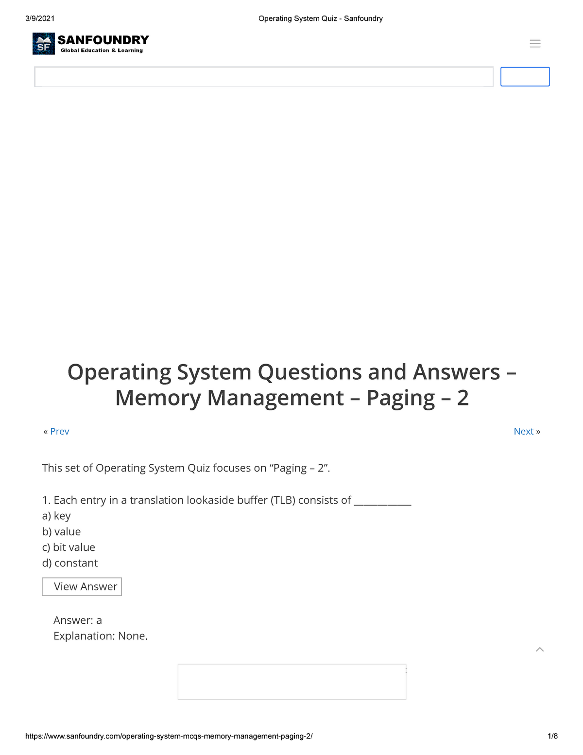 Operating System Quiz - Sanfoundry - « Prev Next » Operating System ...