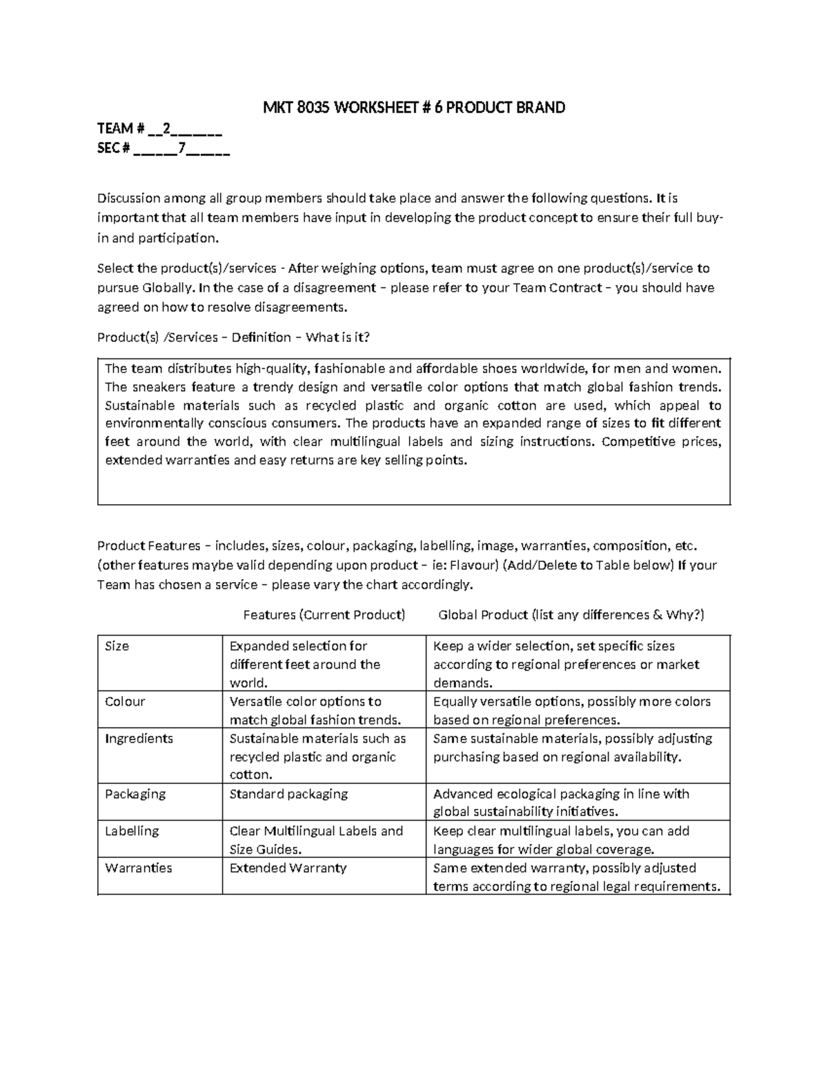 WORKSHEET6- Product Brand - MKT 8035 WORKSHEET # 6 PRODUCT BRAND TEAM ...