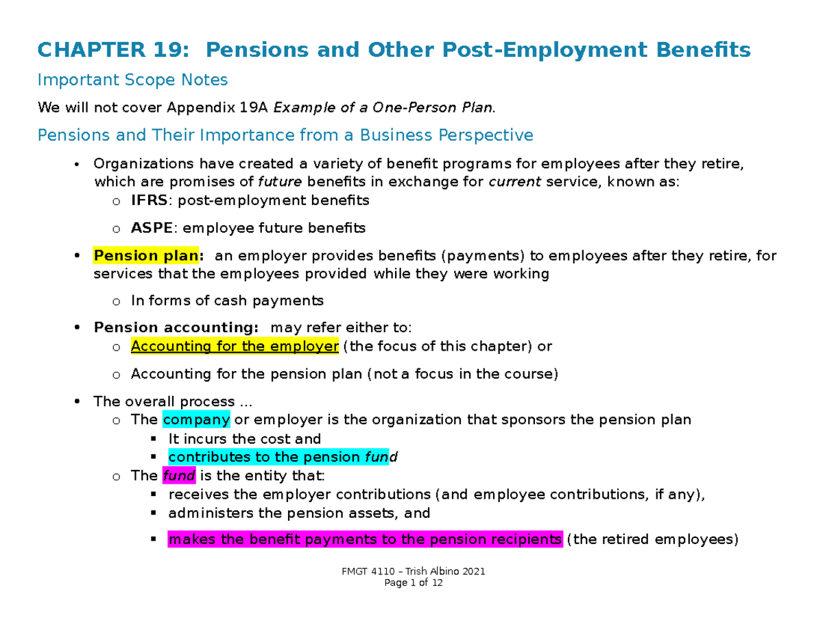 Chapter 19 Lecture Notes (TA 2021) - Pensions and Other Post-Employment ...