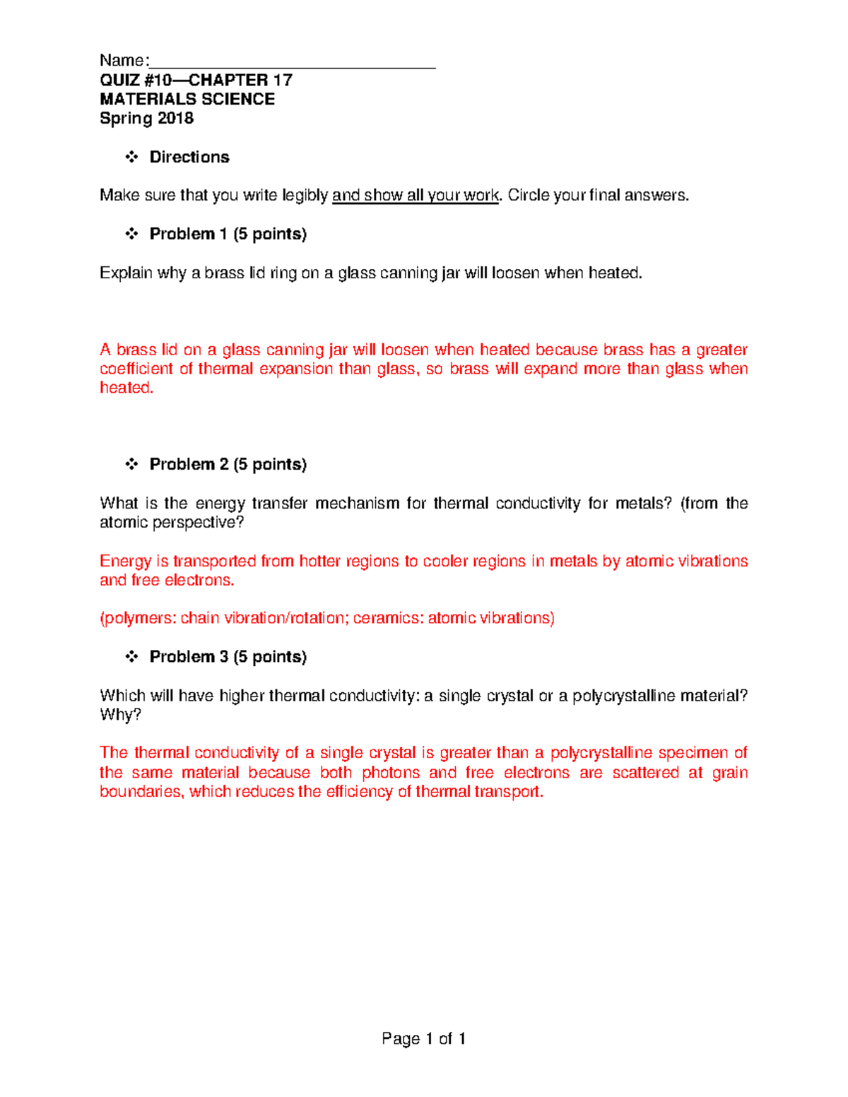 Spring 2018 Materials Science Quiz 10 Chapter 17 Solution Name