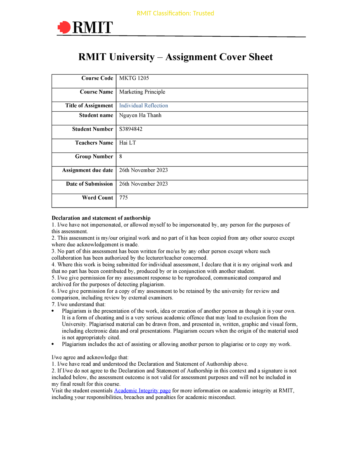 rmit assignment cover sheet