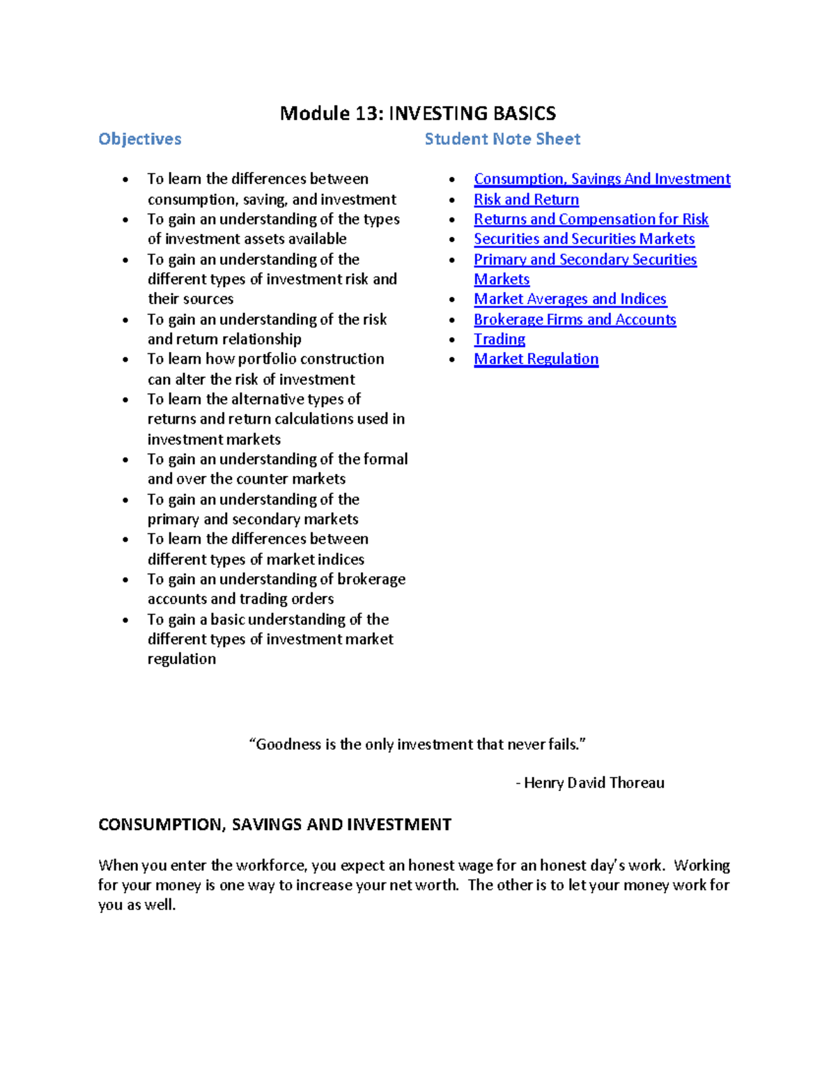 Module 13. Investing basics - Module 13: INVESTING BASICS Objectives x ...