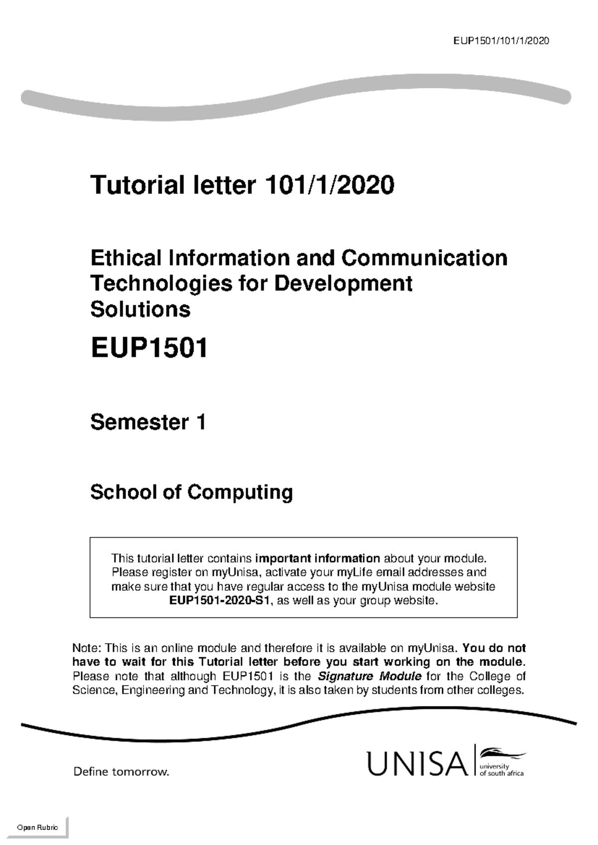 101 2020 1 b Tutorial Letter EUP1501 Ethical Information and ...