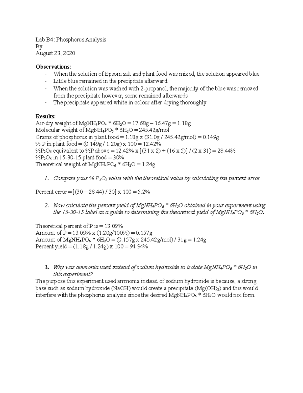 Lab B4 100 Lab B4 Phosphorus Analysis By August 23, 2020