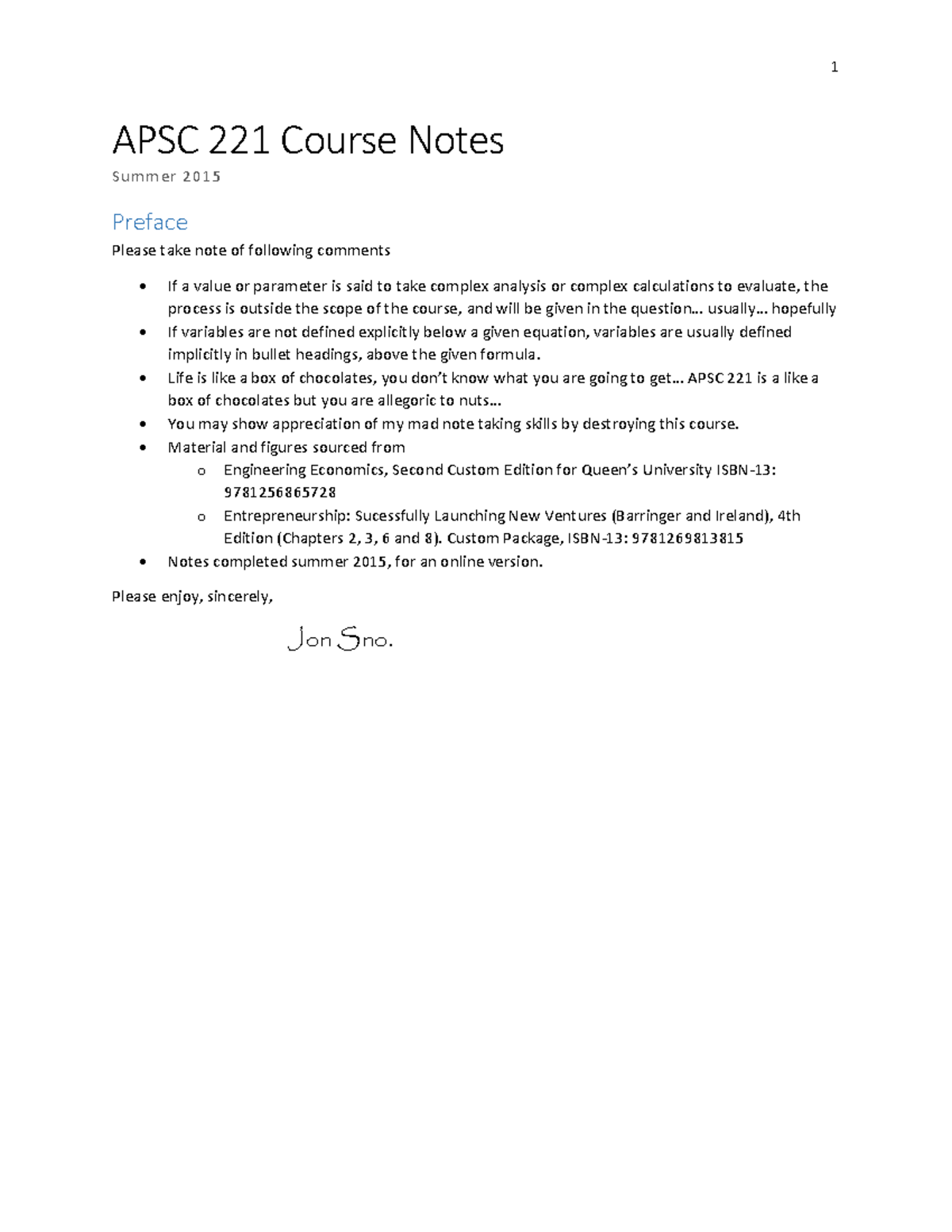 APSC 221 Course Notes - APSC 221 Course Notes Sum M Er 2 0 1 5 Preface ...