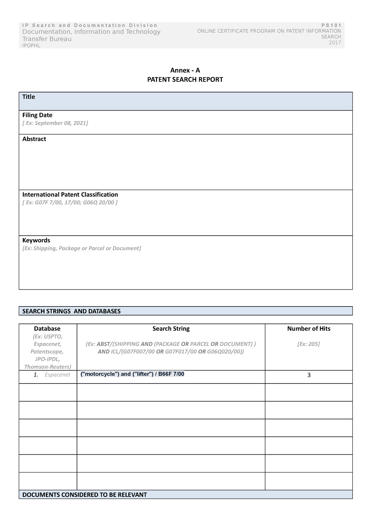 Blank Patent Search Report Template - I P S e a r c h a n d D o c u m e ...