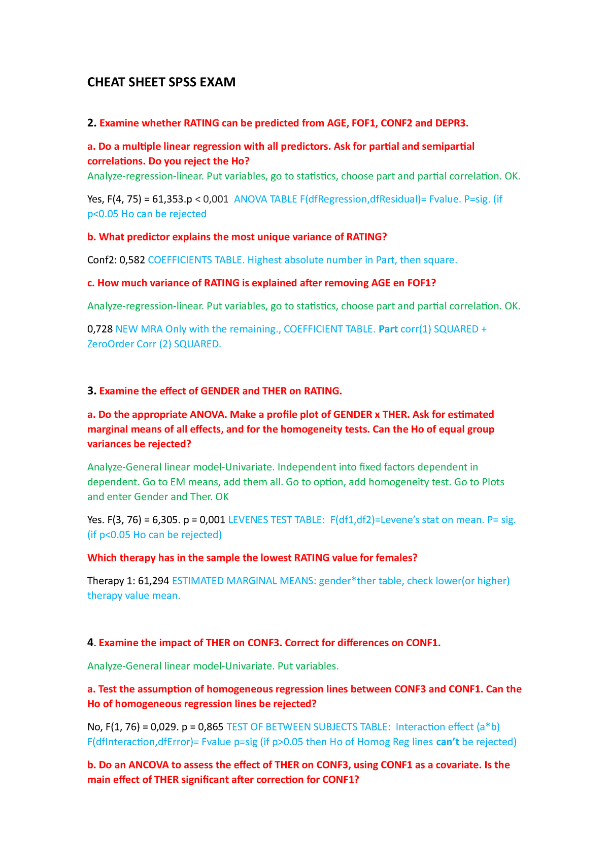 Cheat Sheet for spss CHEAT SHEET SPSS EXAM 2. Examine whether RATING