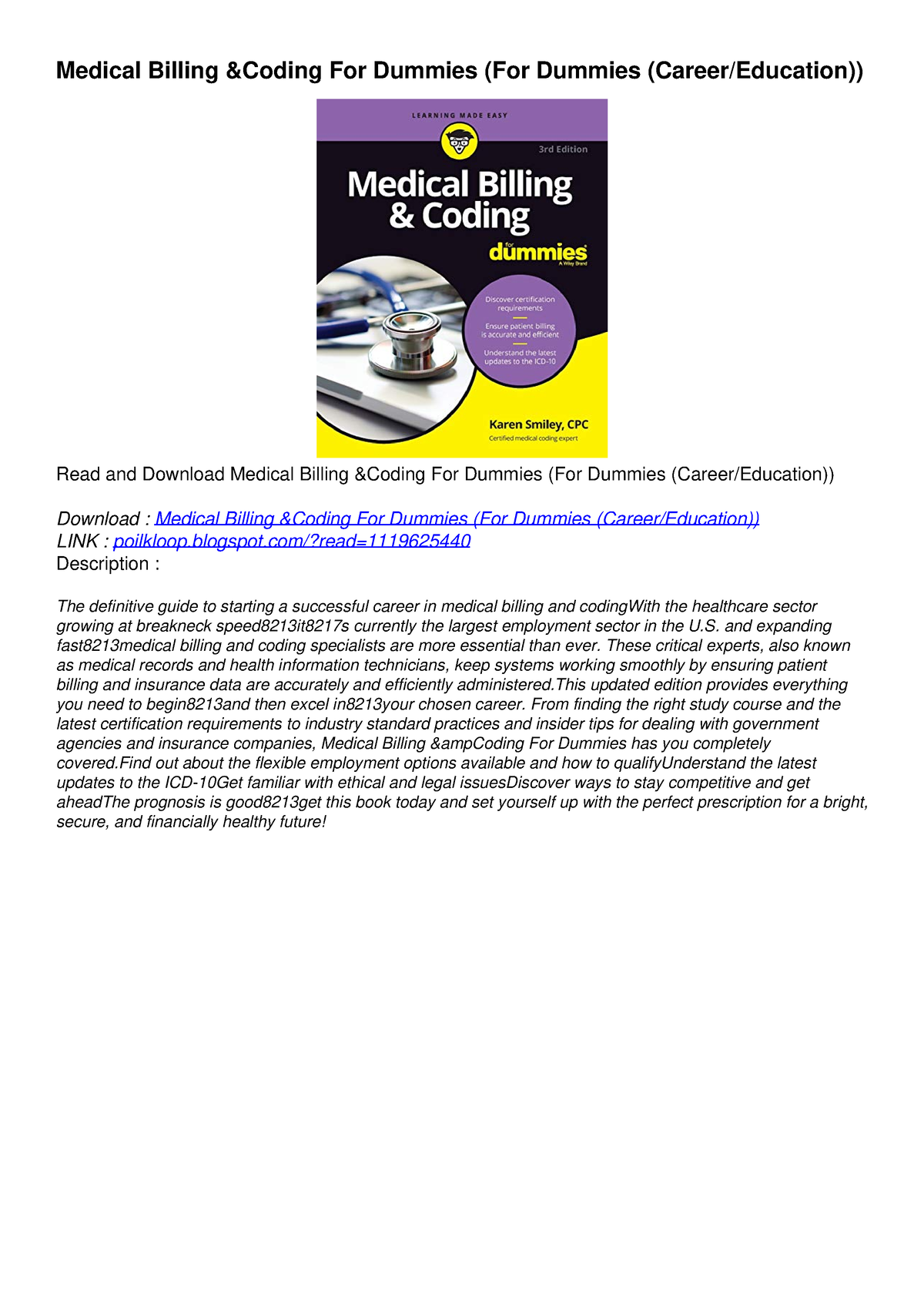 [PDF] DOWNLOAD FREE Medical Billing Coding For Dummies (For Dummies