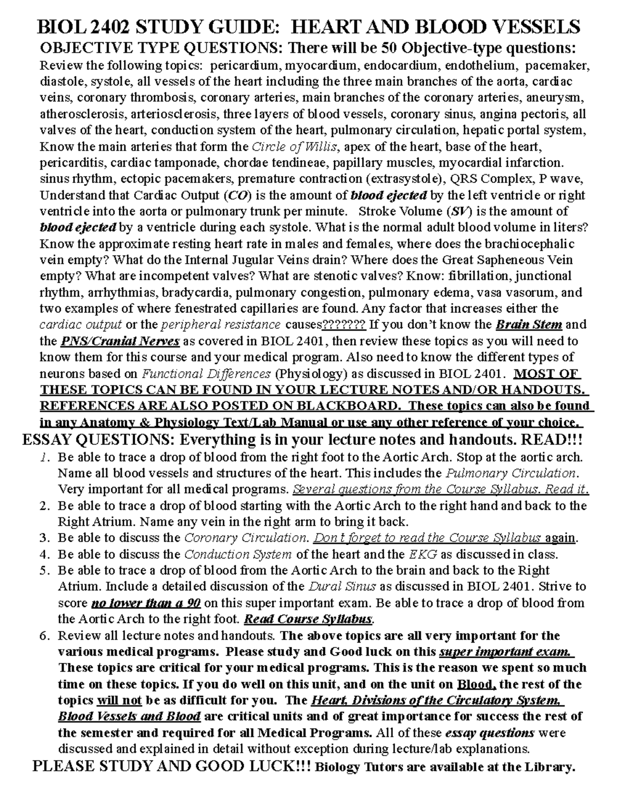 Heart Blood Vessels Study Guide 2 - BIOL 2402 STUDY GUIDE: HEART AND ...