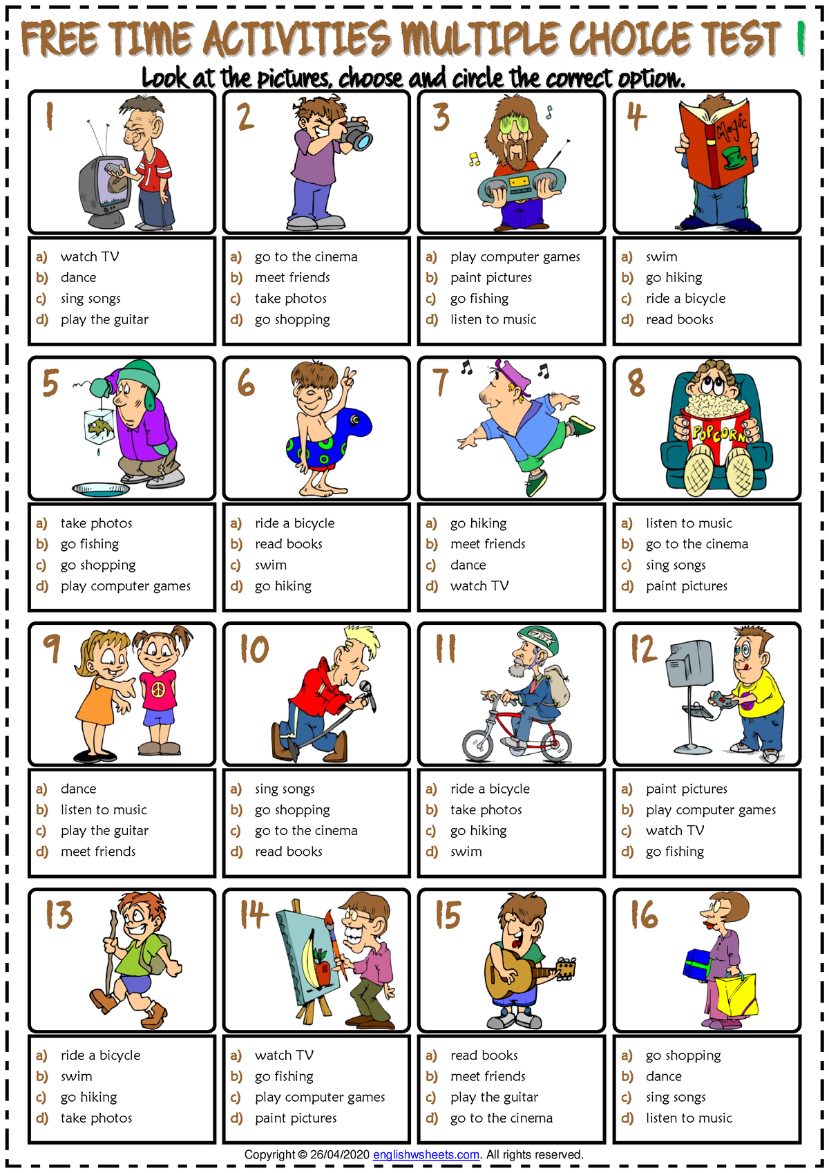 Free Time Activities Vocabulary Esl Multiple Choice Tests For Kids ...