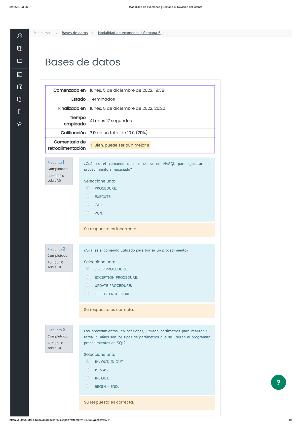 Modalidad De Exámenes Semana 6 Revisión Del Intento Base De Datos ...