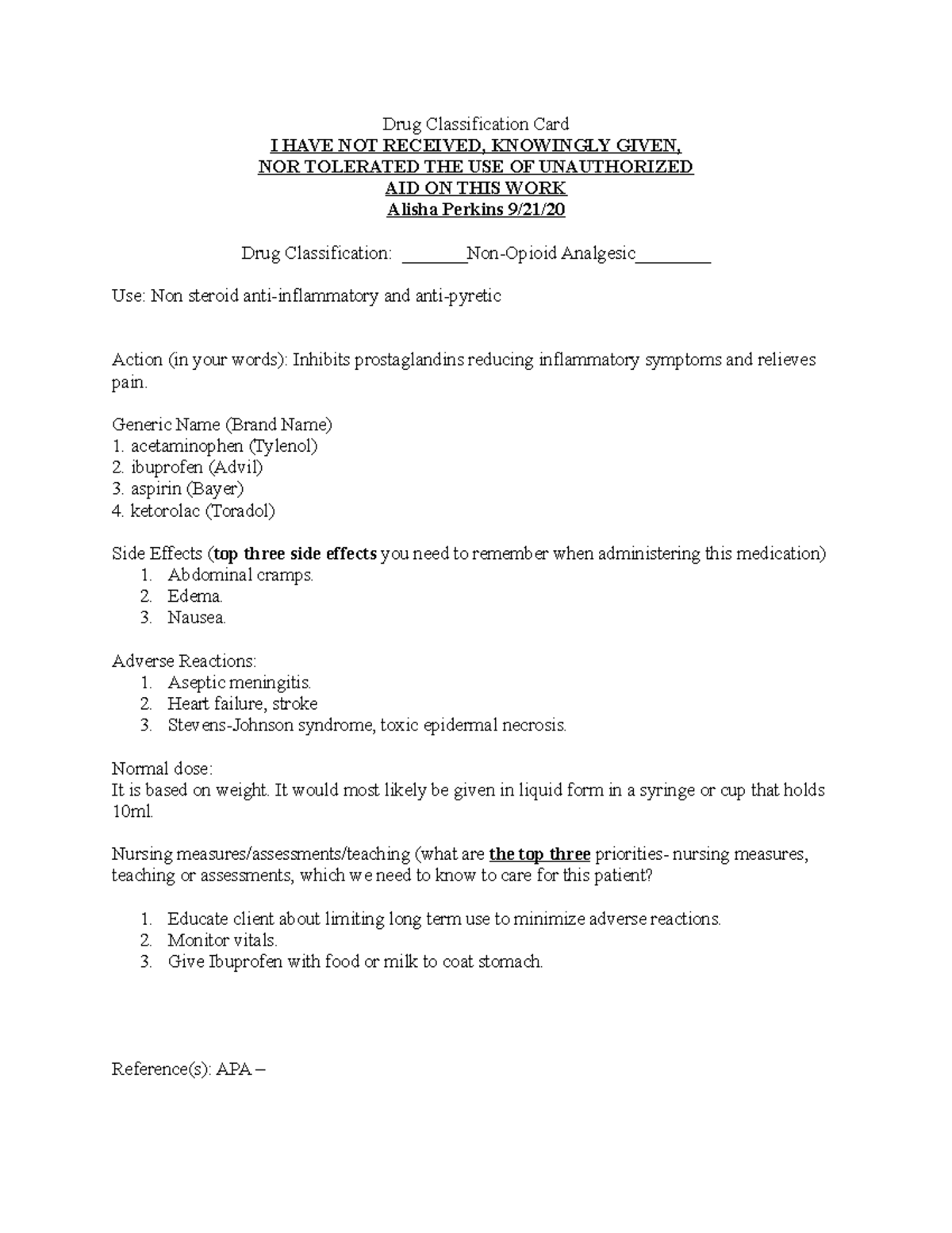 Drug Classification Card non opioid anylgesics - Drug Classification ...