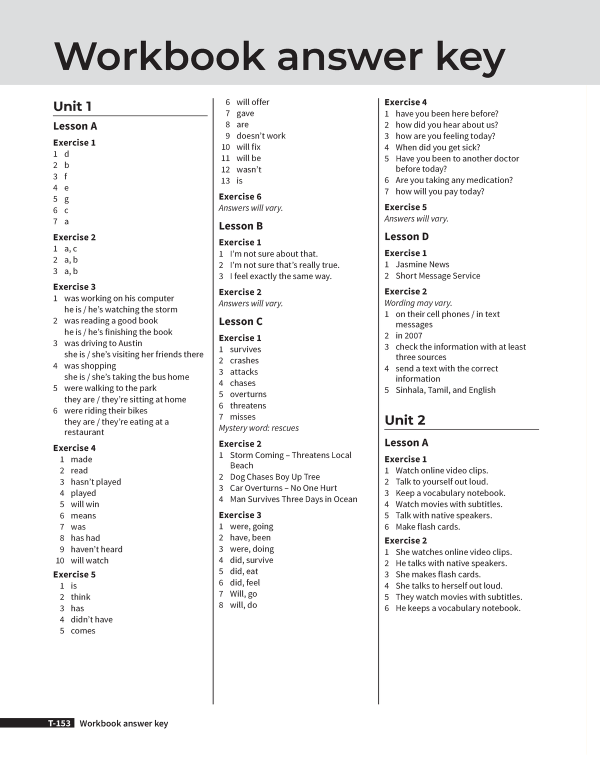 4.Four - Ejercicios - Workbook Answer Key Unit 1 Lesson A Exercise 1 1 ...