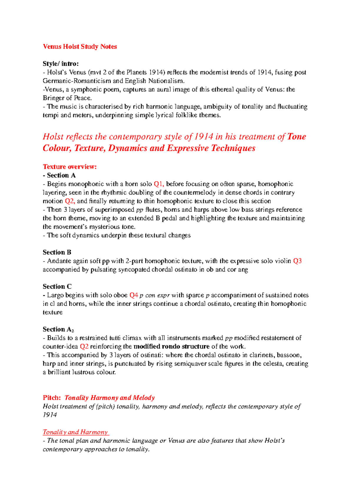 Venus Holst analysis - Lecture notes 1-2 - MUS01231 - Ox - Studocu