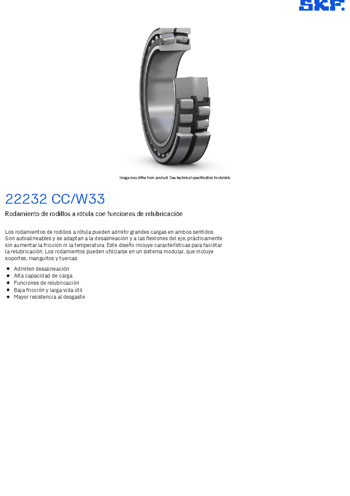 22232 CC W33 - Rodamientos de rodillos a rótula SKF - Image may differ ...