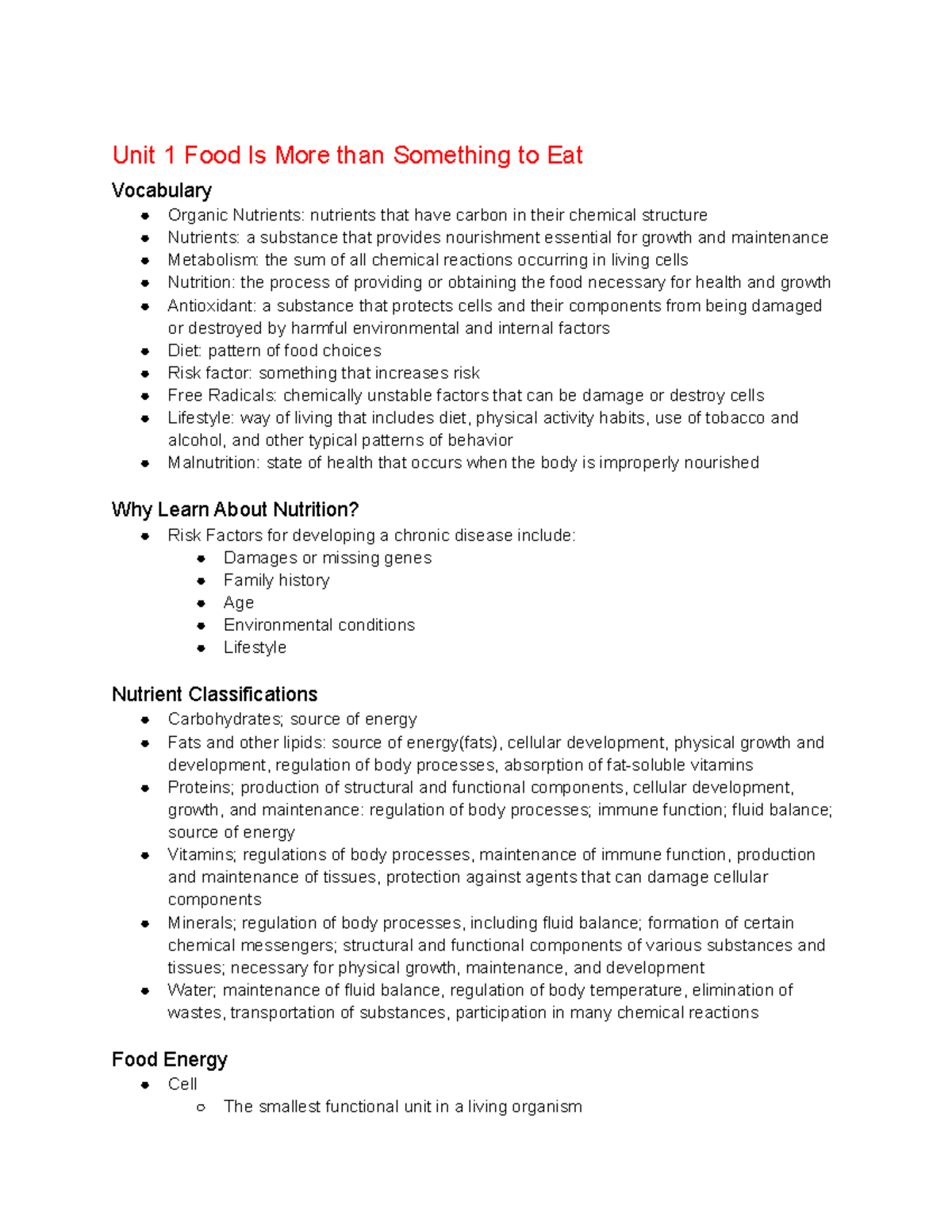HTH 3013 Unti 1 - Notes - Unit 1 Food Is More than Something to Eat ...