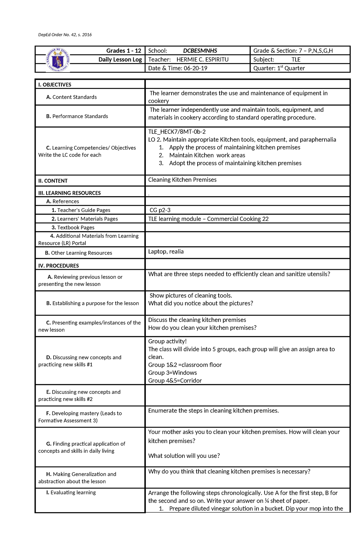 Lesson 1 LO 2 - DepEd Order No. 42, s. 2016 Grades 1 - 12 School ...