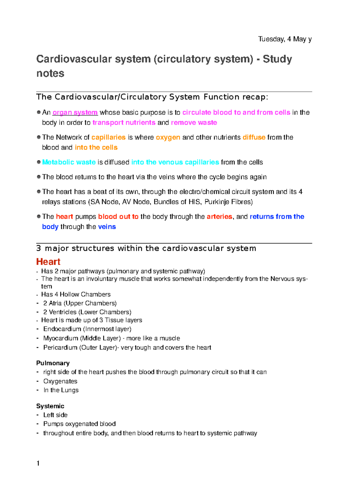 Cardiovascular System Notes - Wednesday, 17 June y Cardiovascular ...