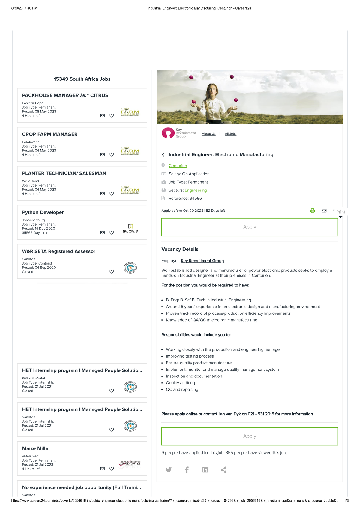 Industrial Engineer Electronic Manufacturing, Centurion Careers 24