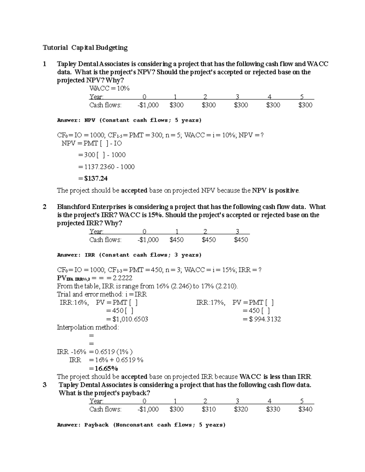 Tutorial Capital Budgeting answer Tutorial Capital Budgeting 1 Tapley