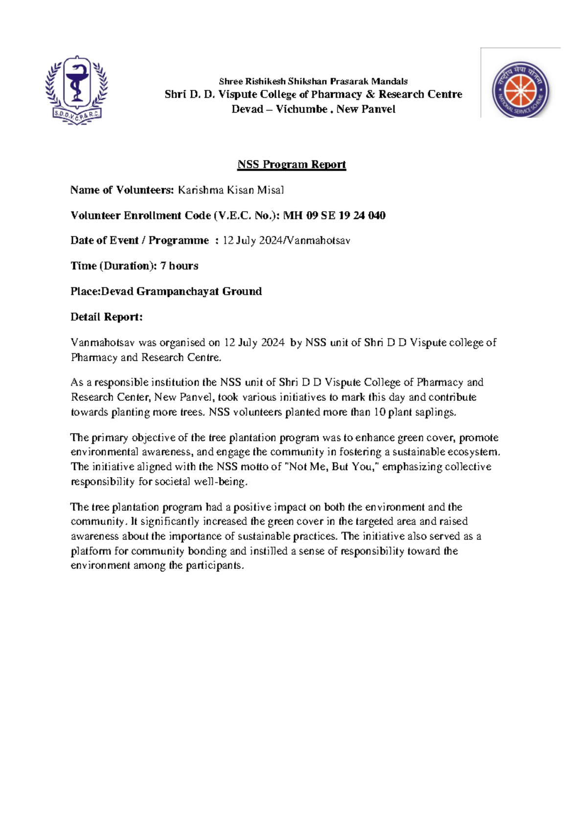 Vanmahotsav report Karishma Misal - NSS Program Report Name of ...