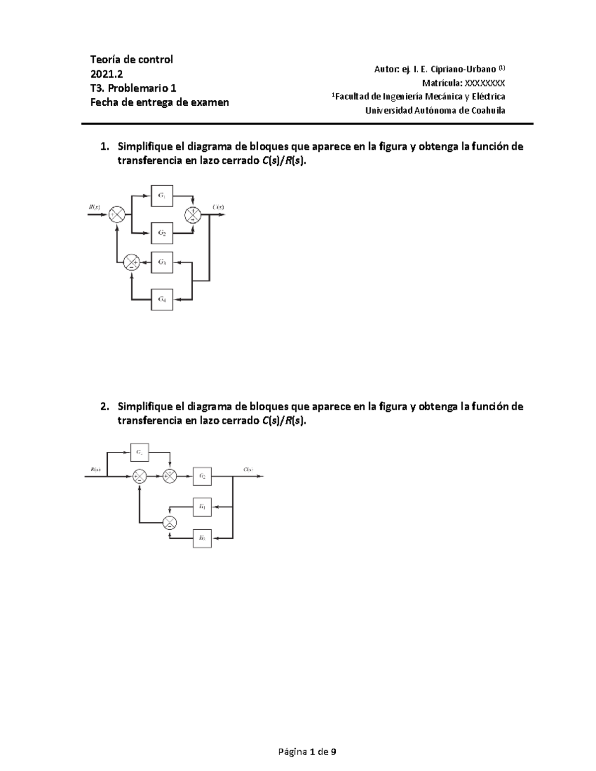 TC Tarea 3 - Problemario 1 - 2021 - Simplifique El Diagrama De Bloques ...