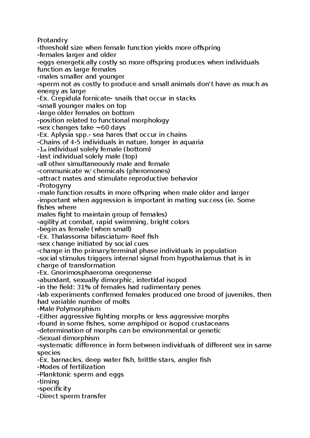 Protandry Lecture notes 2 Protandry threshold size when female