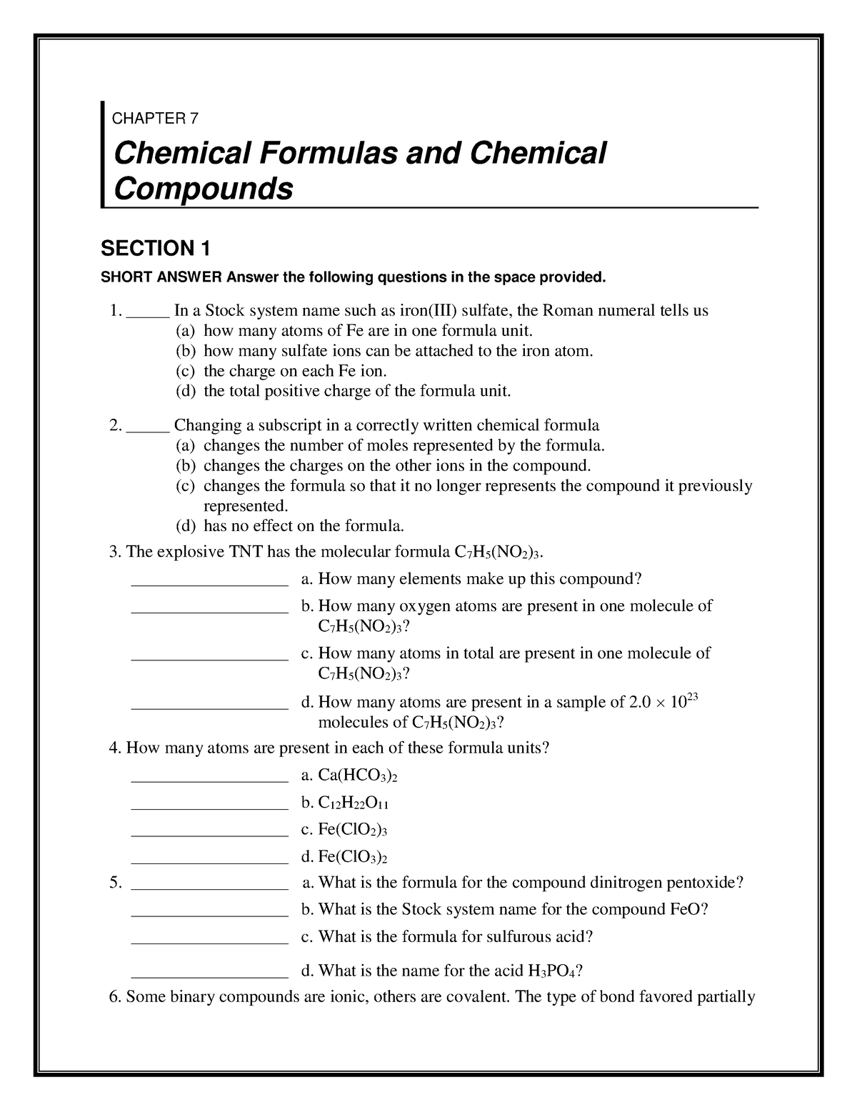 Chemistry worksheet grade 10 ch7 sec1 - CHAPTER 7 Chemical Formulas and ...