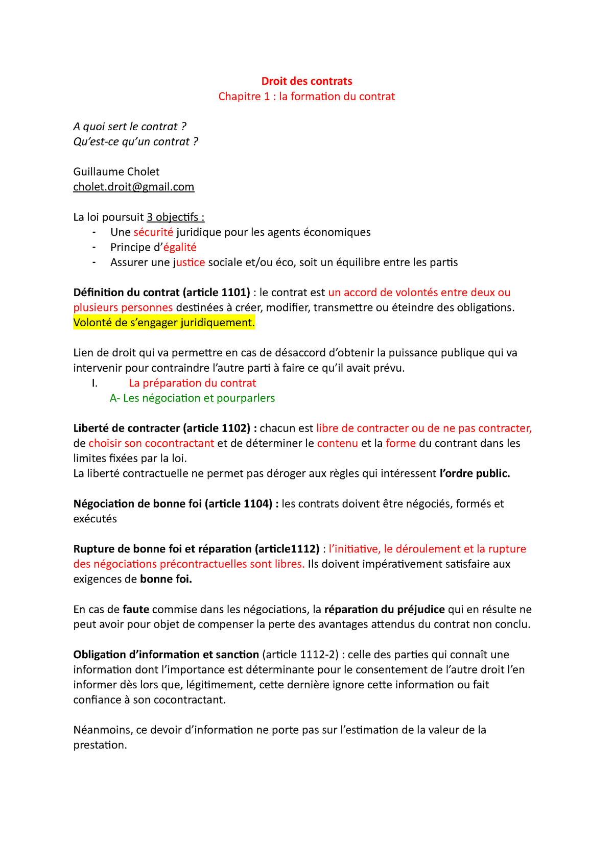 Chapitre 1 Droits De Contrats - Droit Des Contrats Chapitre 1 : La ...