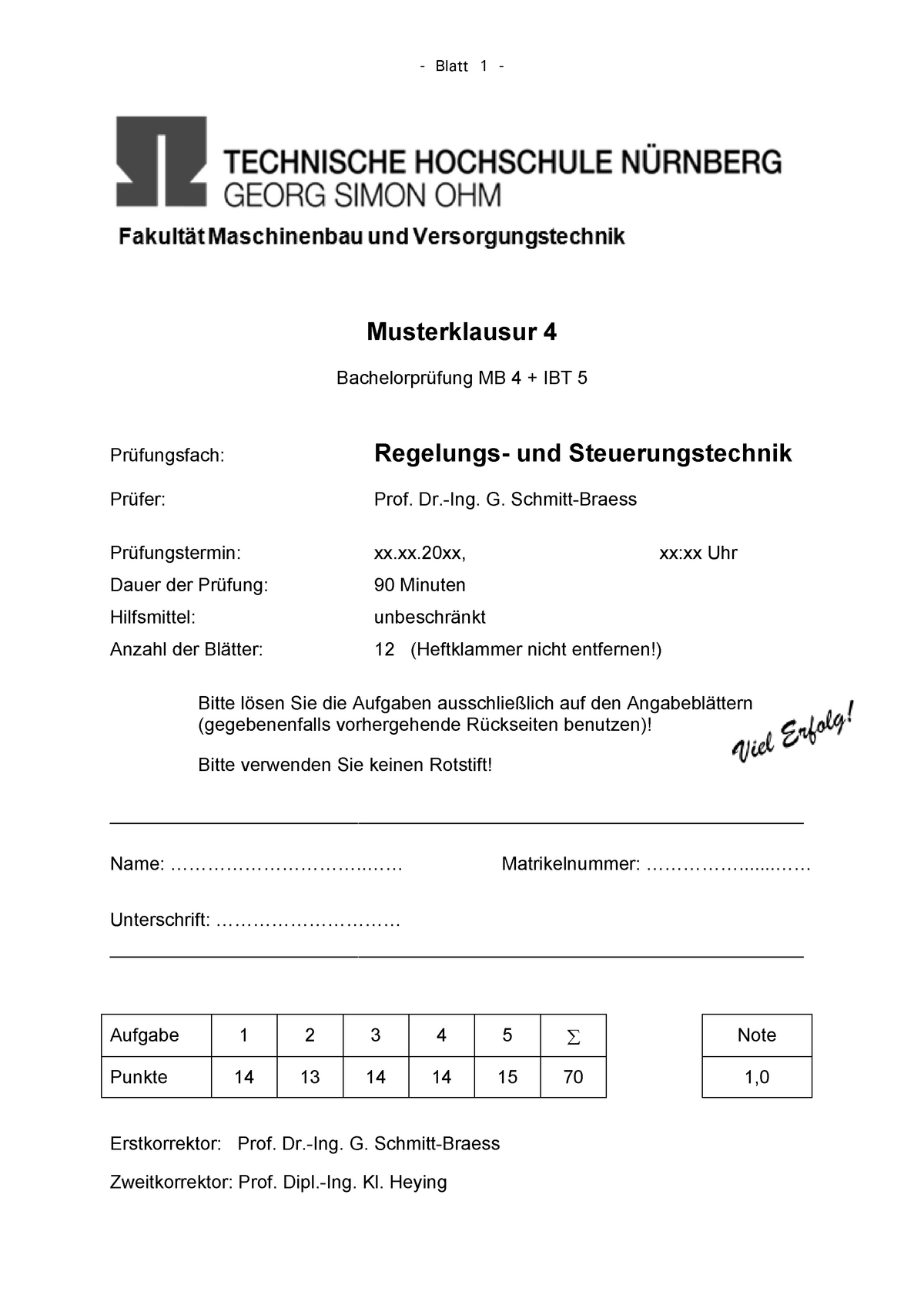 Klausur 2019, Antworten - Blatt 1 - Musterklausur 4 Bachelorprüfung MB ...