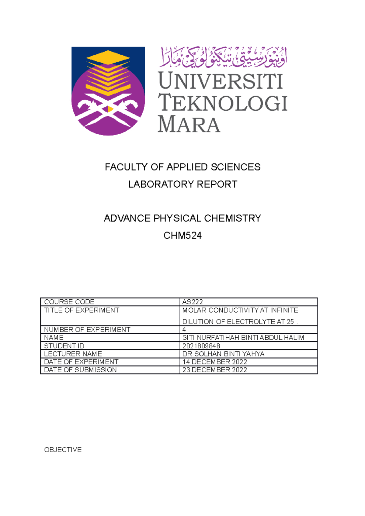 LAB Report EXP 4 OBJECTIVE To determine the molar conductivity at