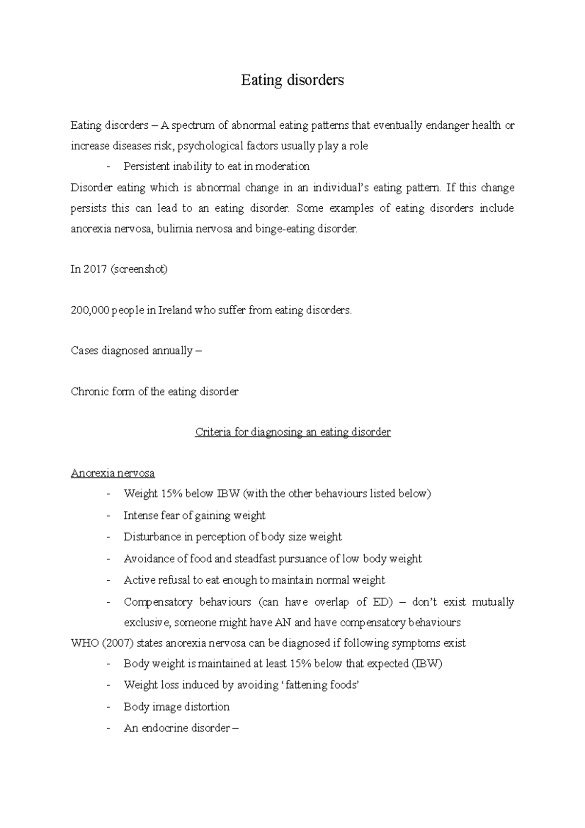 Eating disorders - Lecture notes 10-12 - Eating disorders Eating ...