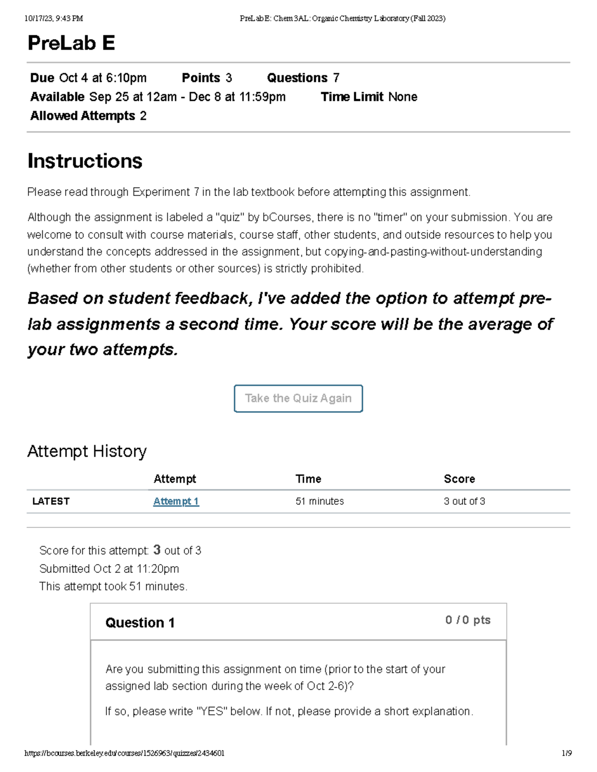 Pre Lab E Chem 3AL Organic Chemistry Laboratory (Fall 2023) - PreLab E ...