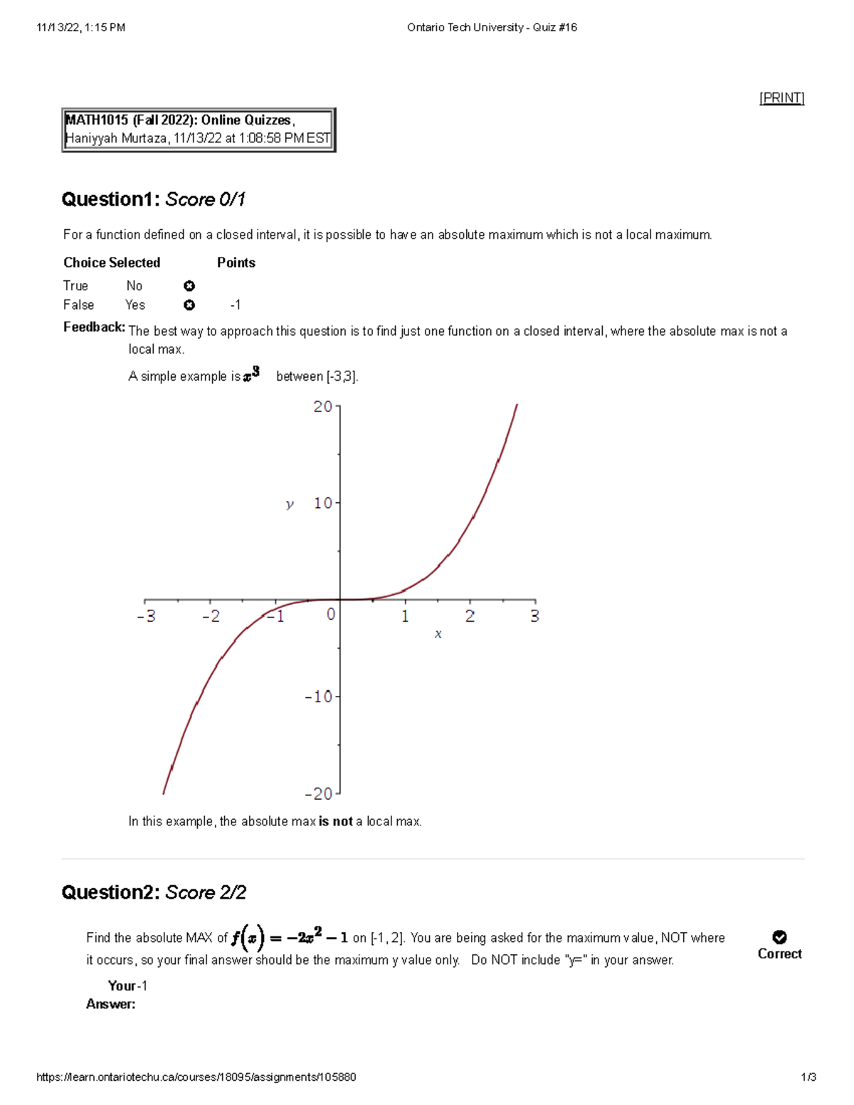 Finding max min - quiz - ####### 11/13/22, 1:15 PM Ontario Tech ...