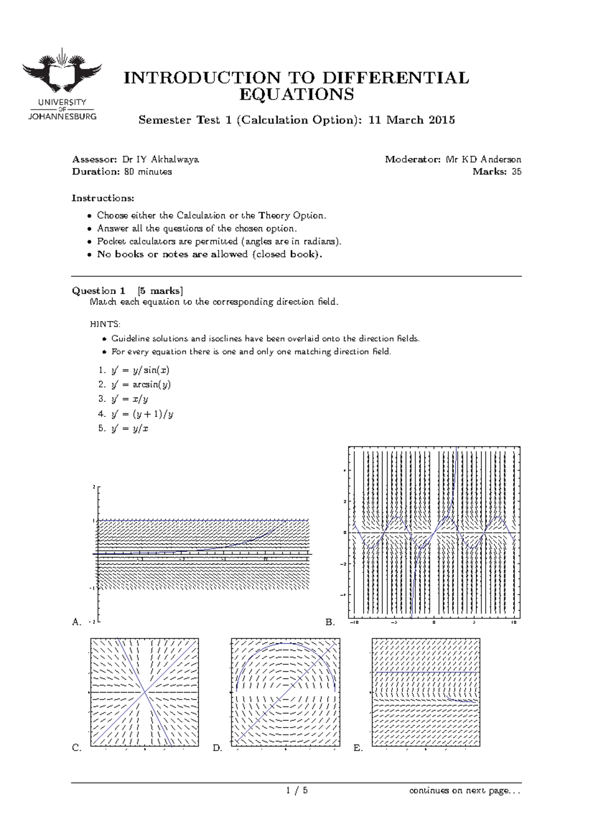 Semester Test 1 Calculation INTRODUCTION TO DIFFERENTIAL EQUATIONS