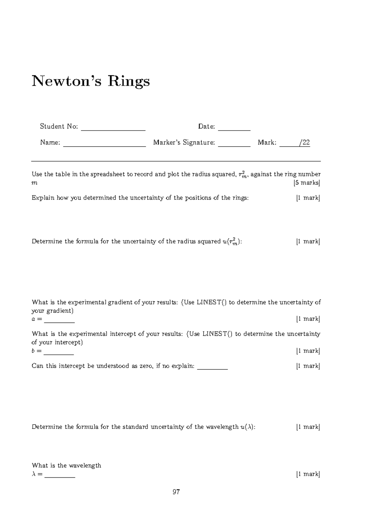 PHYS1001 Newtons Rings Worksheet - Newton’s Rings Student No: Some more ...