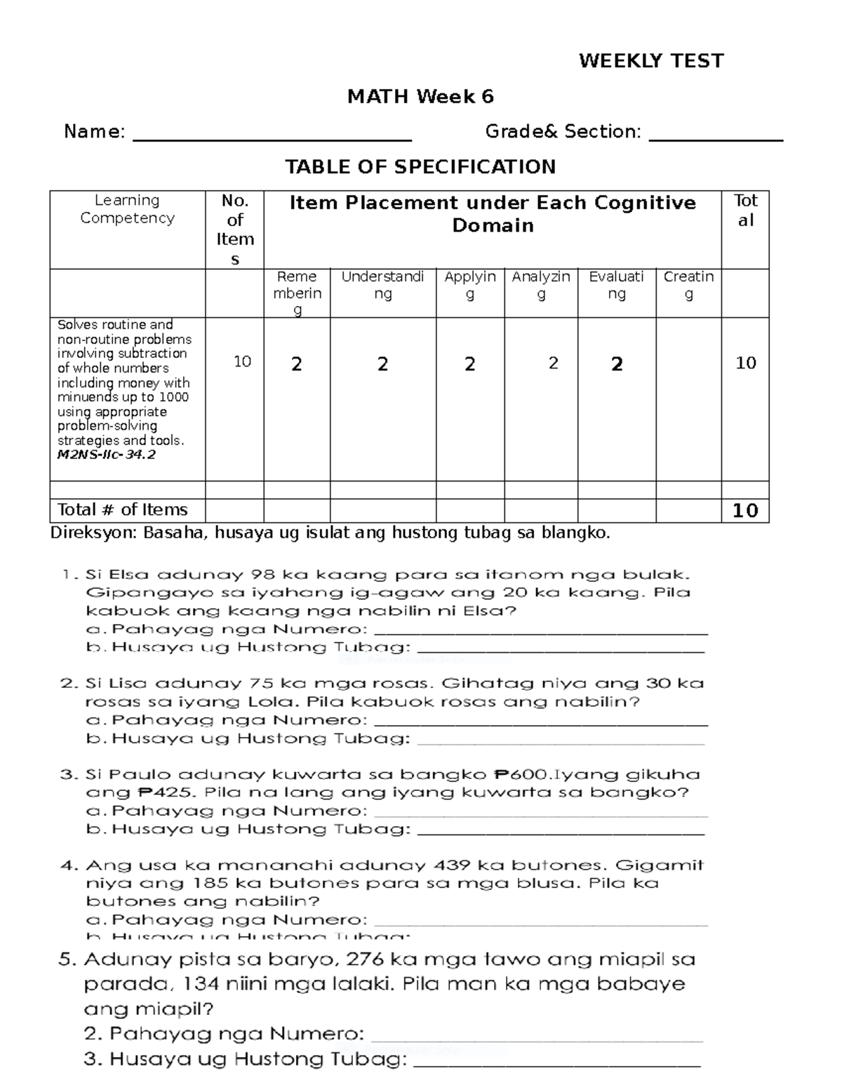 ST WEEK 3 2ND QRT - SUMMATIVE TEST - WEEKLY TEST MATH Week 6 Name